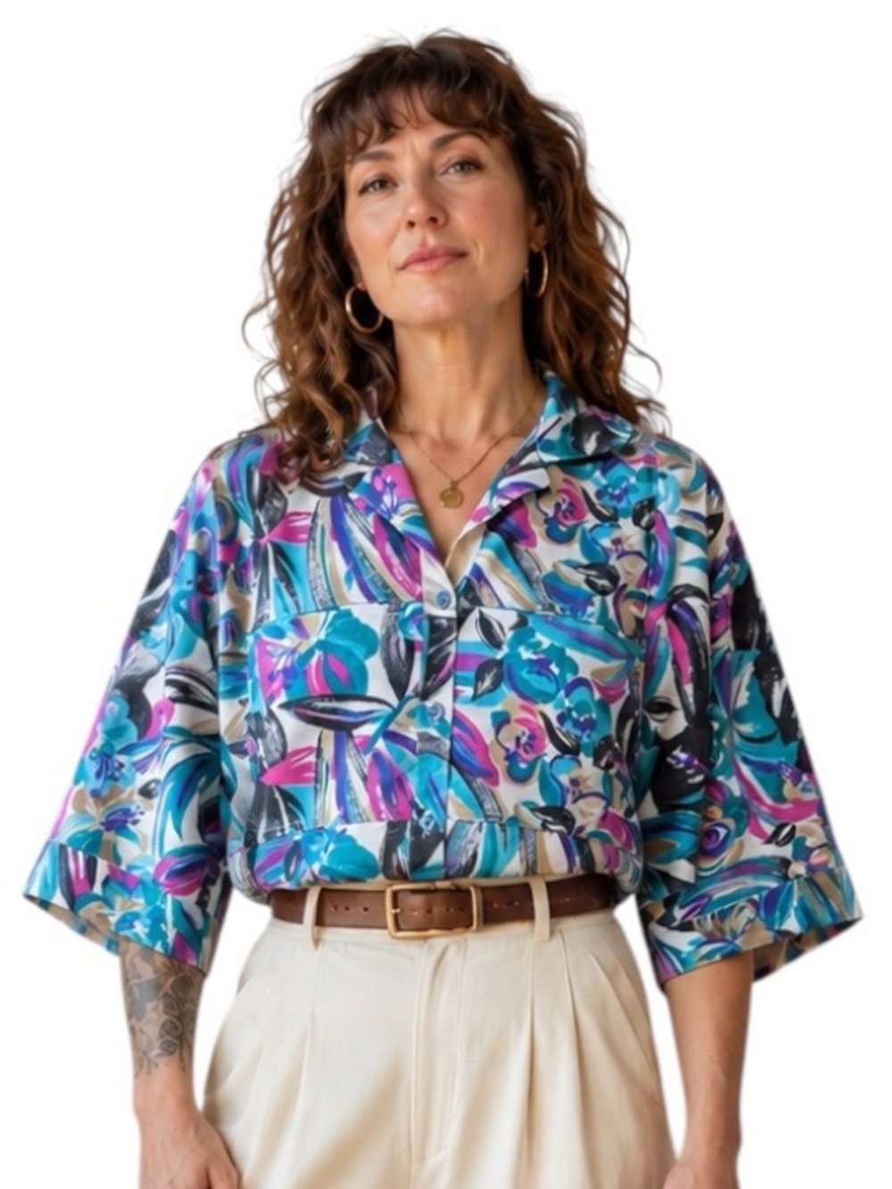 Vintage Cascais L/XL Oversized Floral Print Button Front Dolman Sleeve Shirt